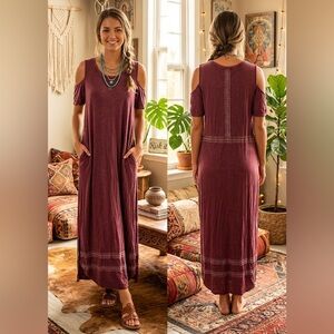 $89 NWOT POL Plum Acid Wash Boho Cold-Shoulder Maxi Dress S